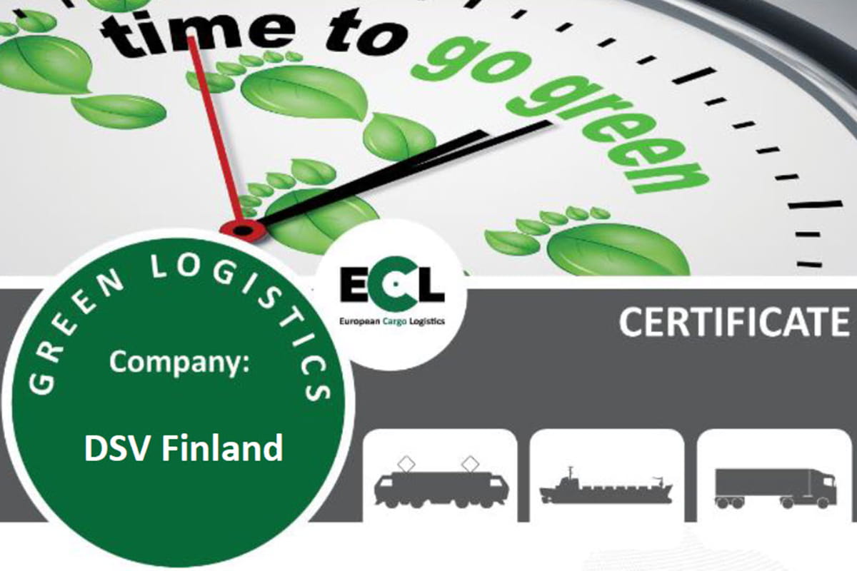 European Cargo Logisticsin Suomen DSV:lle myöntämä Green Logistics -sertifikaatti 2022.